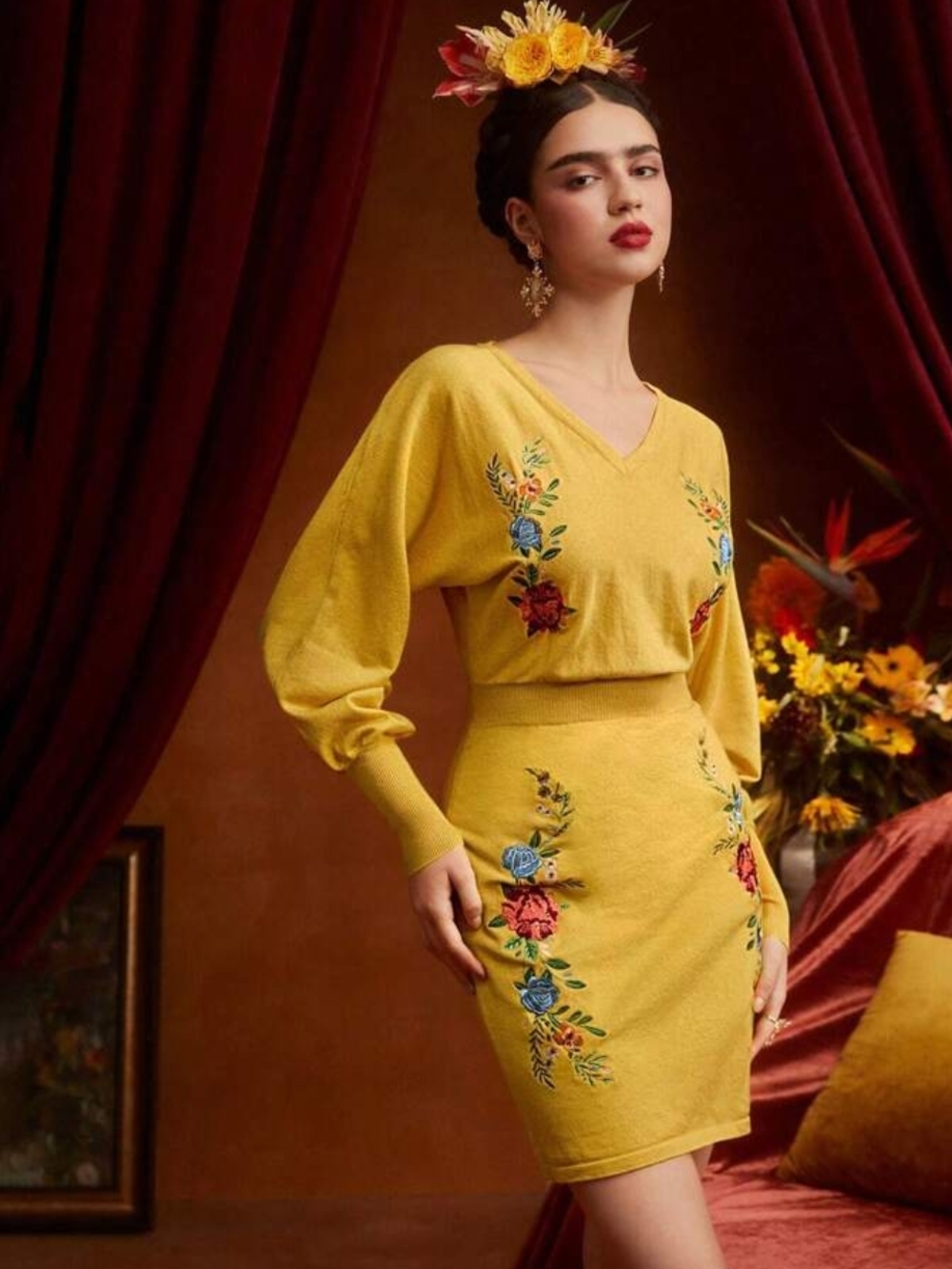 Frida Kahlo Yellow Embroidered V‑Neck Long Sleeve Knit Dress